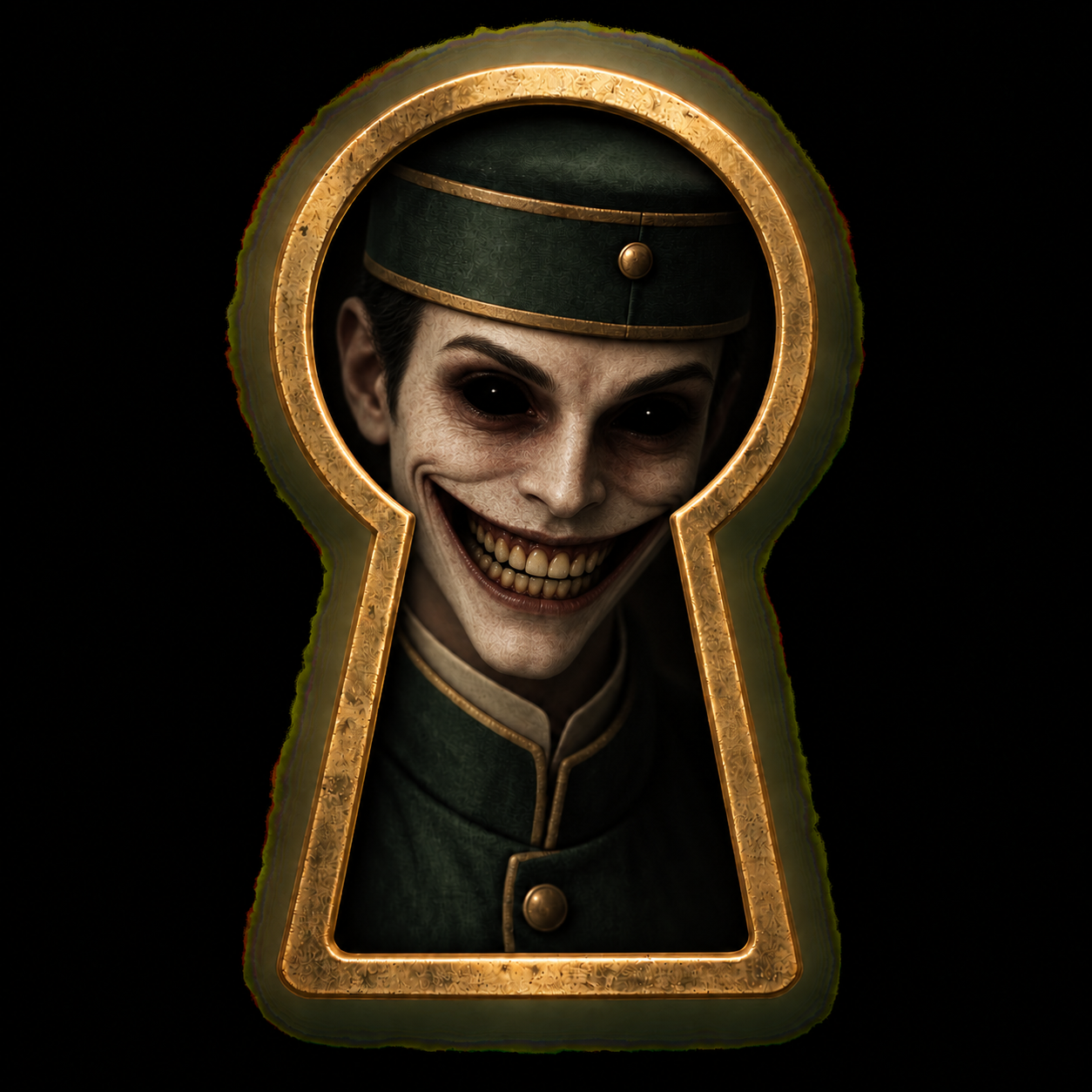 An unsettling night porter smiles through a brass keyhole